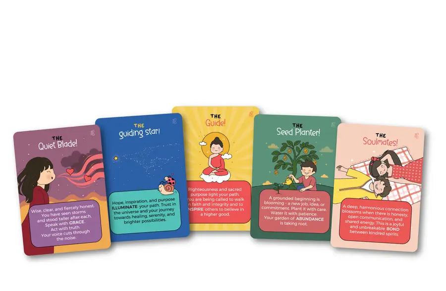 Five cards from Bhavya Doshi's Guidance from the Universe deck, fanned out