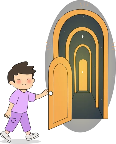 Boy pulling open a tall golden arched door